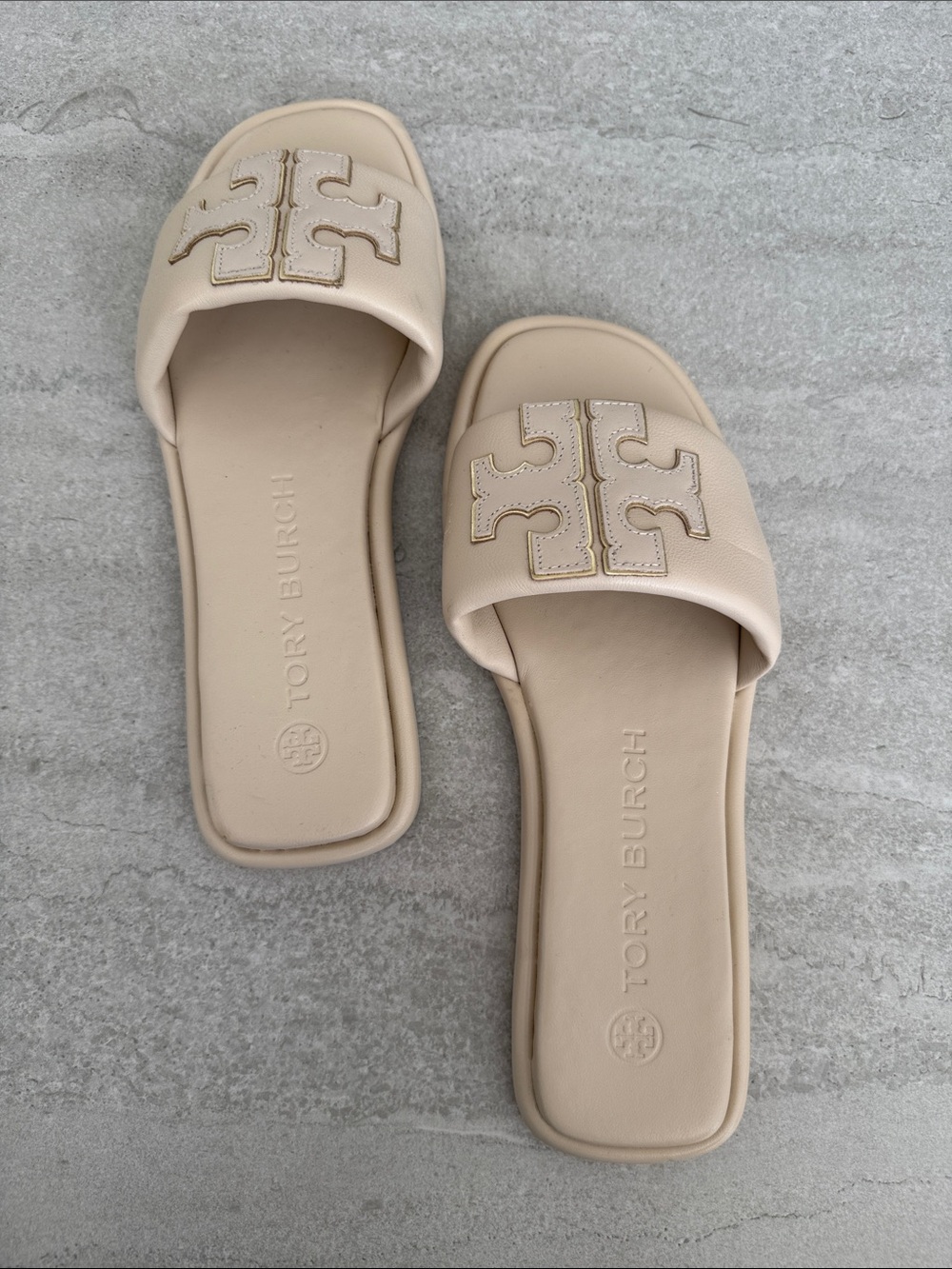 Tory Burch Neutral Cream Leather Slide Mules